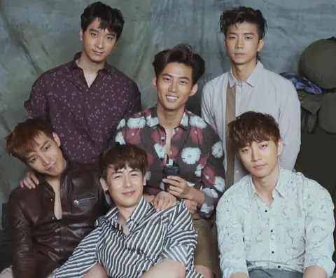 2PM in 2015 Clockwise from top to bottom: Chansung, Taecyeon, Wooyoung, Junho, Nichkhun, and Jun. K